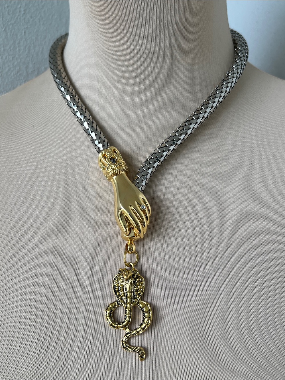 DL Auld Mesh Snake Necklace Two Tone Vtg Hand Clasp Choker & Cobra Charm 21”